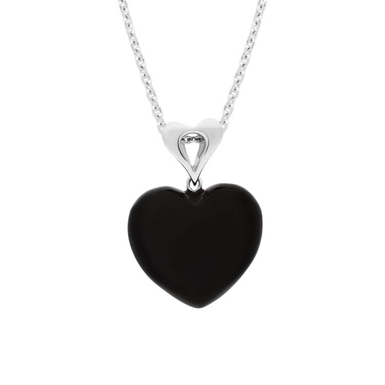 Sterling Silver Whitby Jet Fancy Bail Large Carved Heart Necklace - Silver