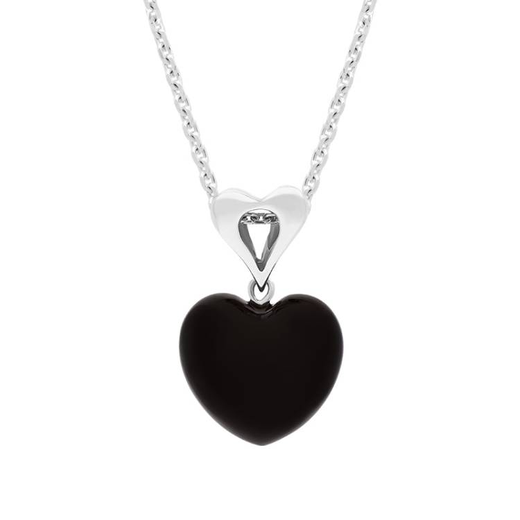 Sterling Silver Whitby Jet Fancy Bail Medium Carved Heart Necklace - Silver