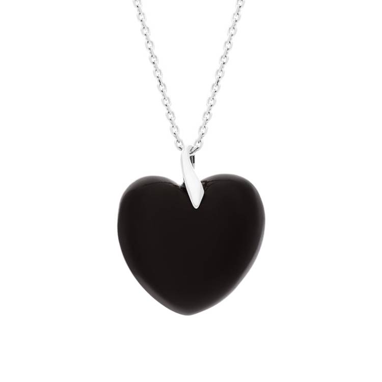 Sterling Silver Whitby Jet Leaf Bail Extra Large Carved Heart Necklace - Silver