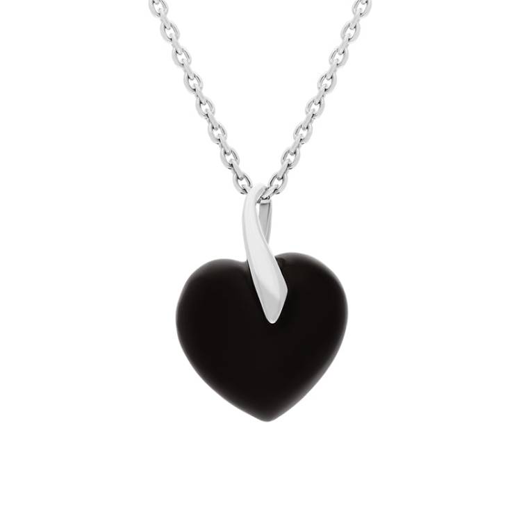 Sterling Silver Whitby Jet Leaf Bail Small Carved Heart Necklace - Silver