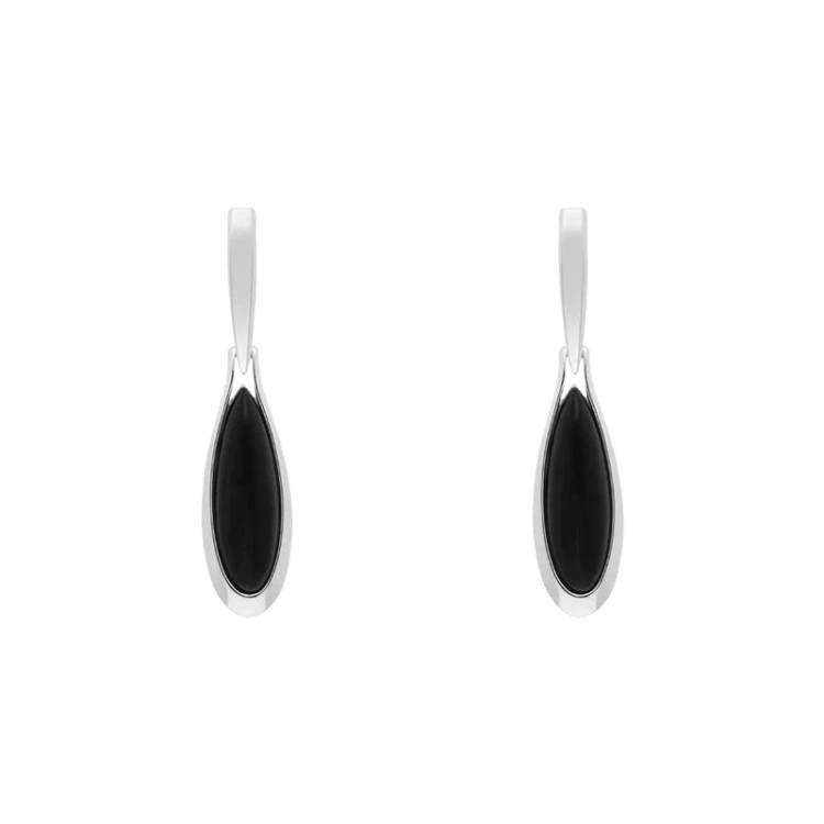 Sterling Silver Whitby Jet Long Pear Shaped Drop Earrings - Silver