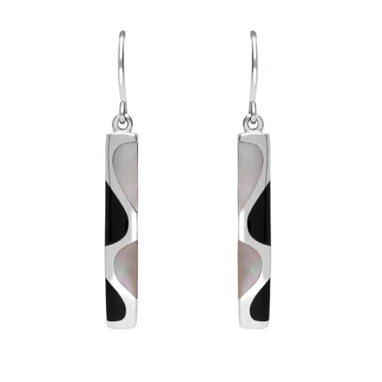 Sterling Silver Whitby Jet Pink Mother Of Pearl Slim Drop Earrings - Silver