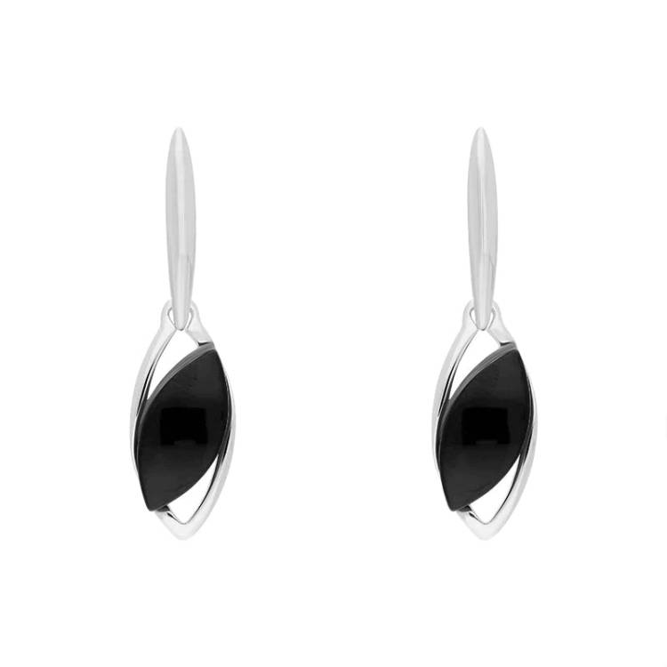 Sterling Silver Whitby Jet Offset Marquise Earrings - Silver