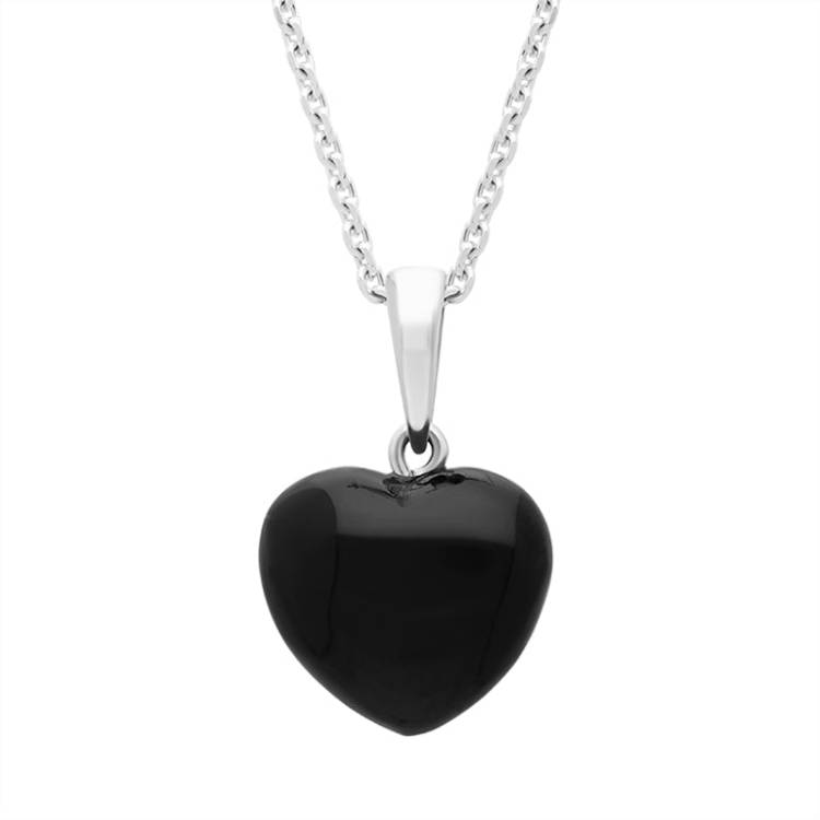 Sterling Silver Whitby Jet Slim Bail Large Carved Heart Necklace - Silver
