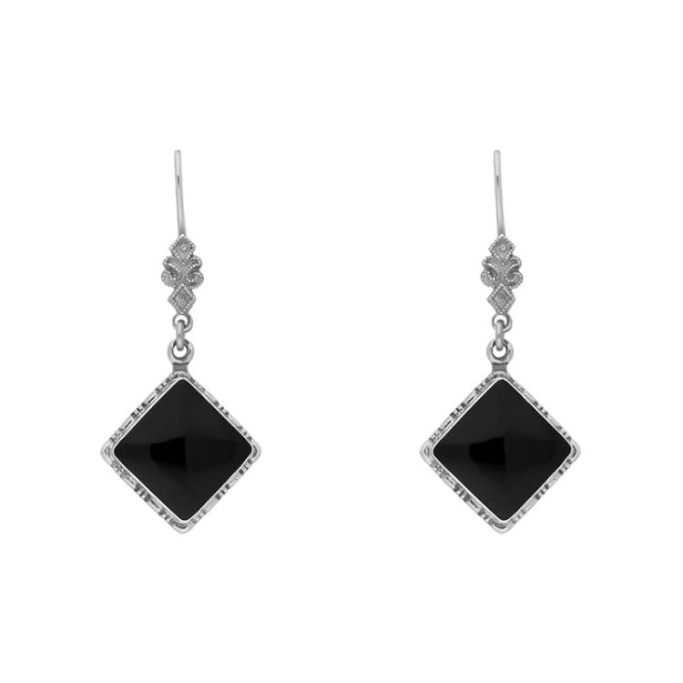 Sterling Silver Whitby Jet Square Beaded Edge Drop Earrings D - Silver