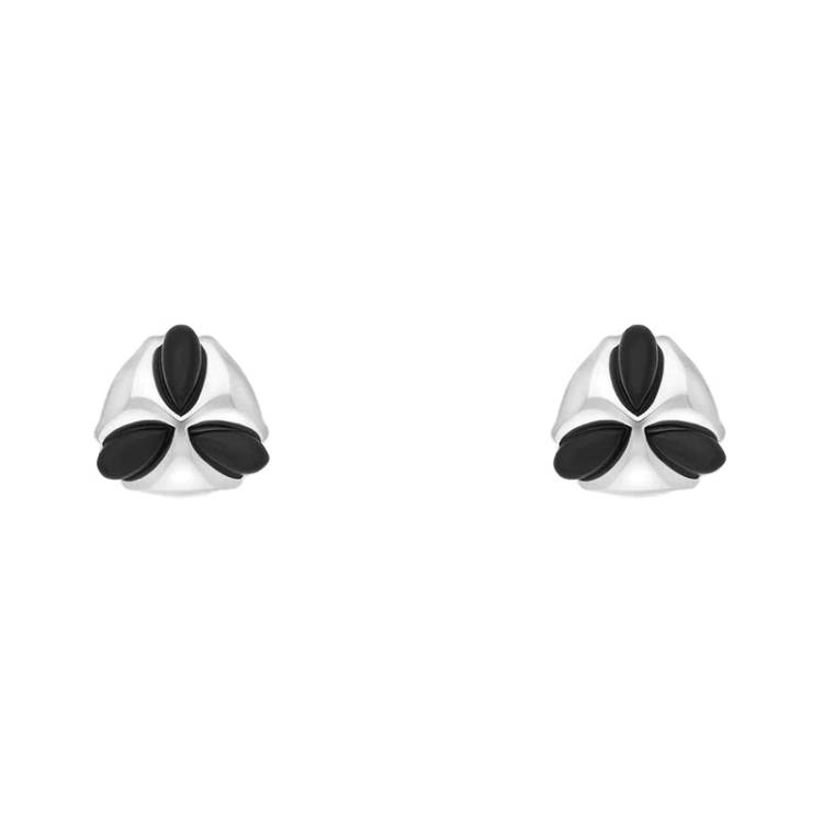 Sterling Silver Whitby Jet Three Stone Triangle Stud Earrings - Silver