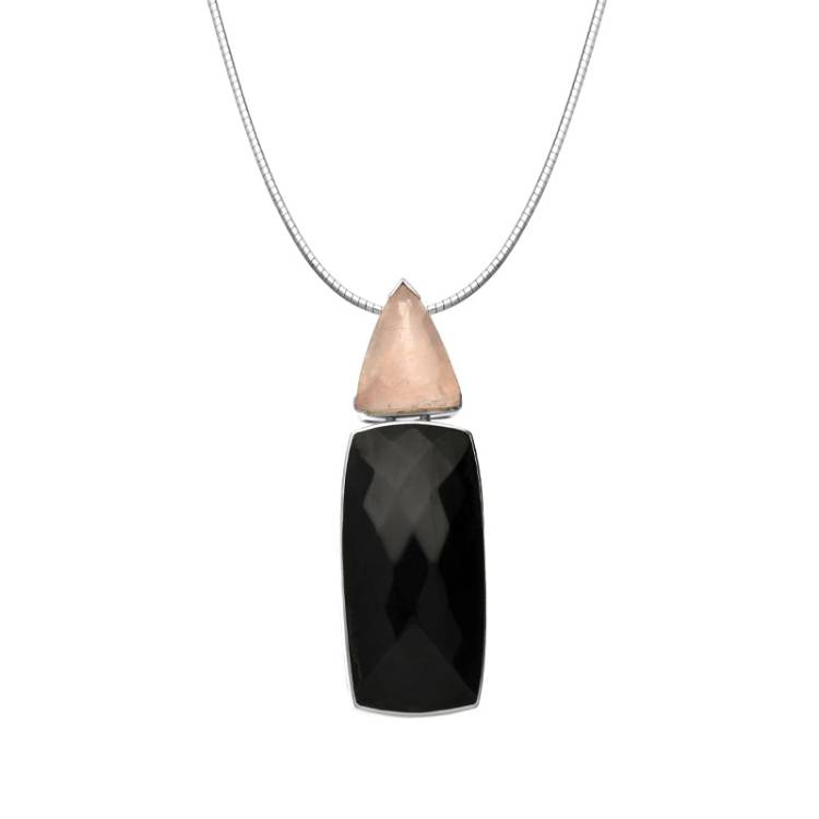 Sterling Silver Whitby Jet Rose Quartz Necklace