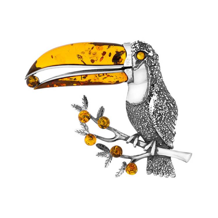 Sterling Silver Amber Large Toucan Brooch - Silver
