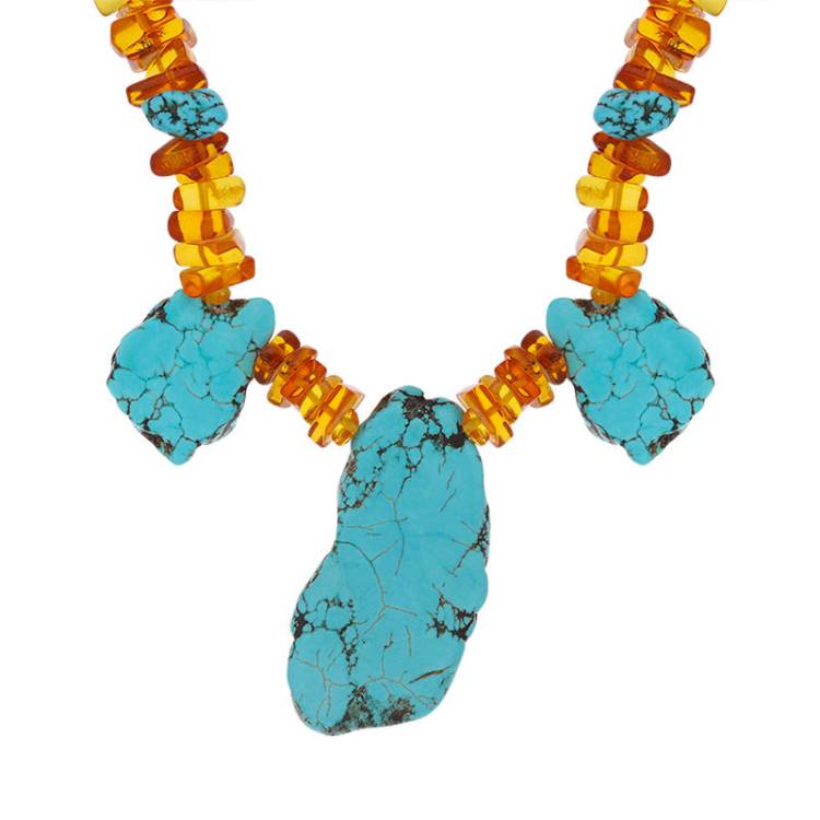 Sterling Silver Amber Turquoise Beaded Necklace D - Silver