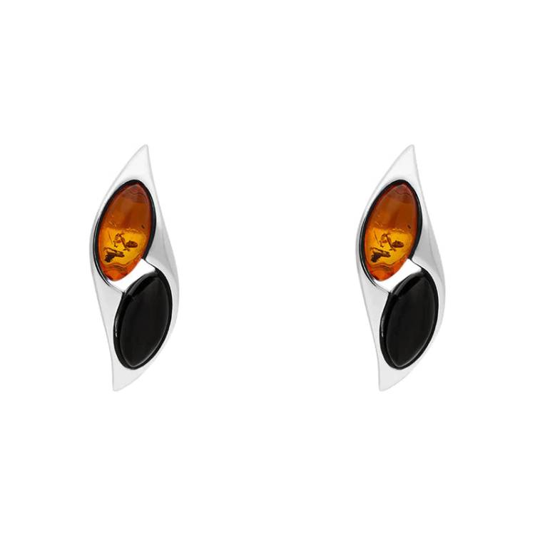 Sterling Silver Amber Whitby Jet Marquise Stud Earrings - Silver