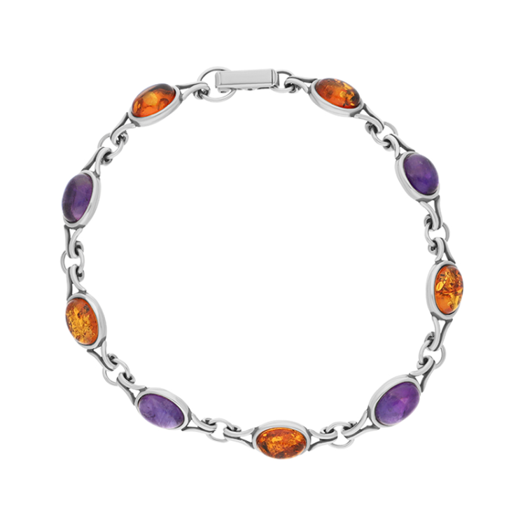 Sterling Silver Amber Amethyst Nine Stone Small Oval Bracelet D - Silver