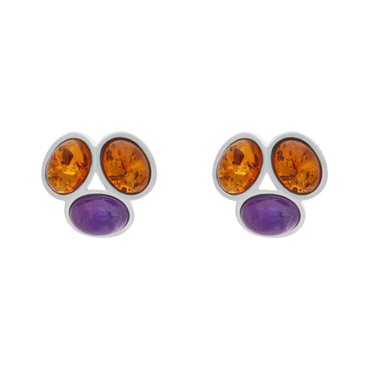 Sterling Silver Amber Amethyst Oval Stud Earrings