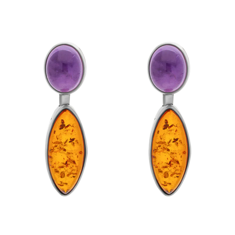 Sterling Silver Amber Amethyst Oval Top Marquise Drop Stud Earrings - Silver