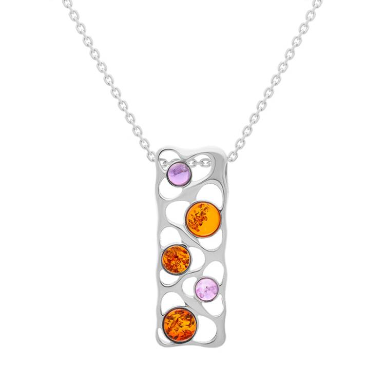 Sterling Silver Amber Amethyst Round Stone Open Oblong Necklace D - Silver