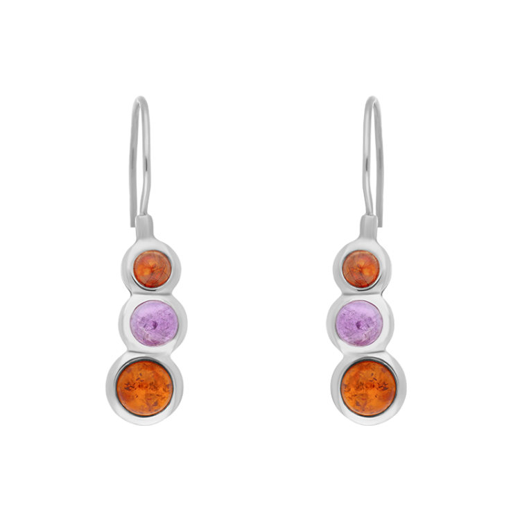 Sterling Silver Amber Amethyst Tapered Round Drop Earrings - Silver