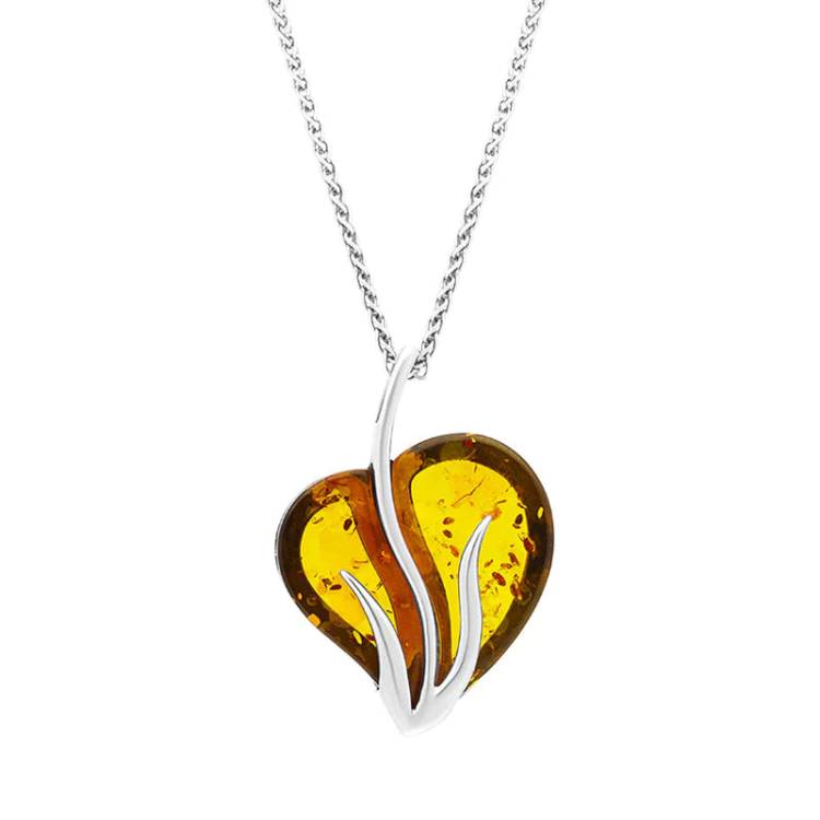 Sterling Silver Amber Curved Leaf Pendant Necklace - Silver