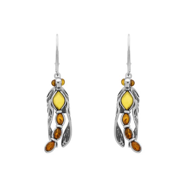 Sterling Silver Amber Dragonfly Drop Earrings