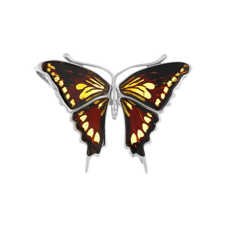 Sterling Silver Amber Large Butterfly Brooch - Silver
