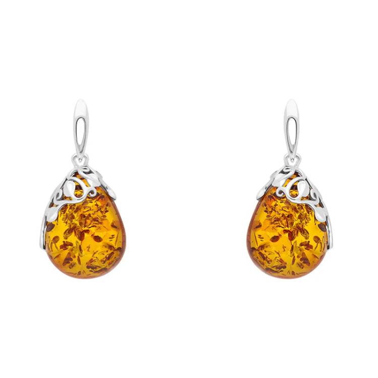 Sterling Silver Amber Leaf Pear Drop Earrings D - Silver