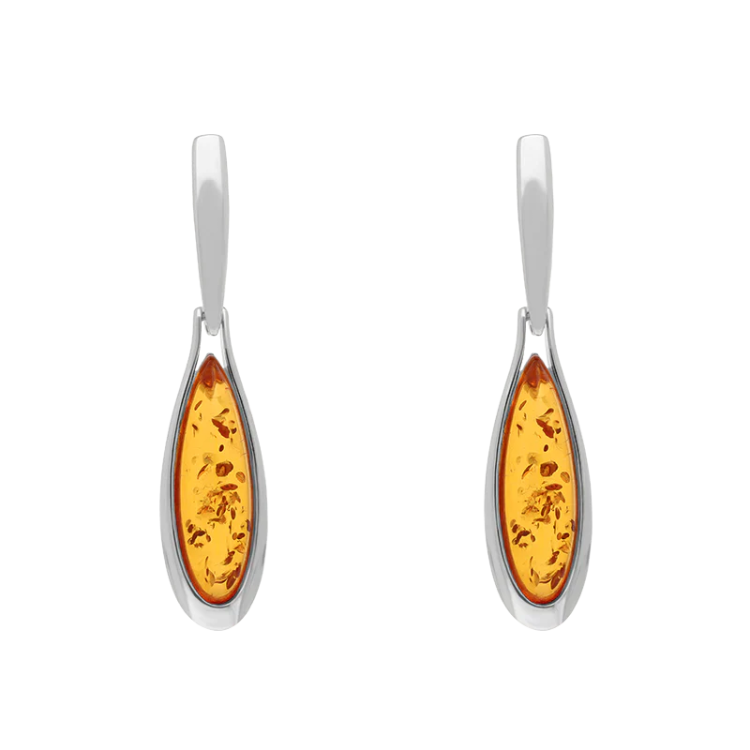 Sterling Silver Amber Long Pear Drop Earrings - Silver