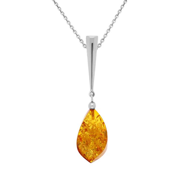 Sterling Silver Amber Long Pear Shaped Drop Necklace - Silver
