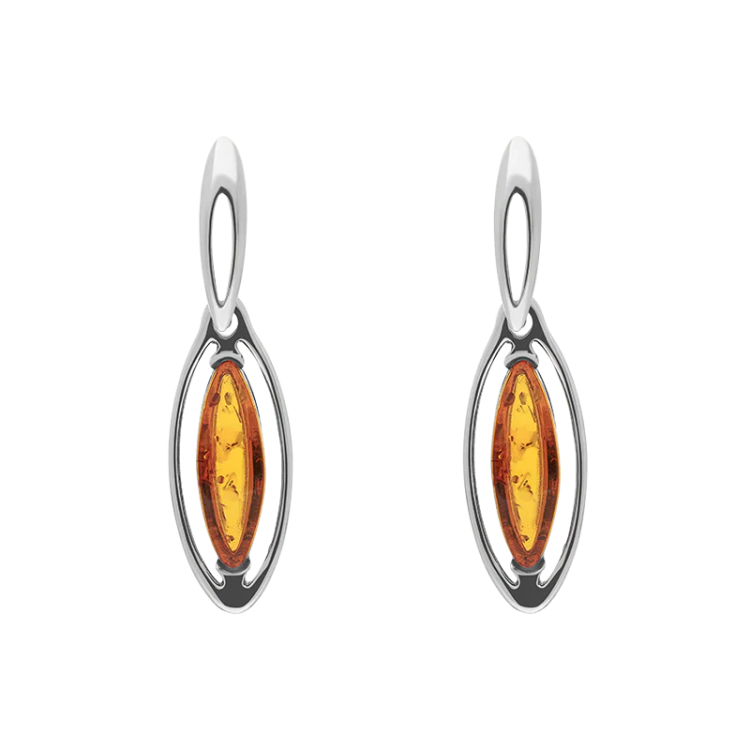 Sterling Silver Amber Marquise Open Edge Drop Earrings - Silver