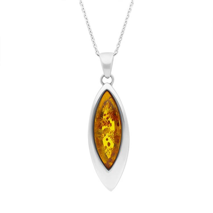 Sterling Silver Amber Marquise Pendant Necklace D - Silver