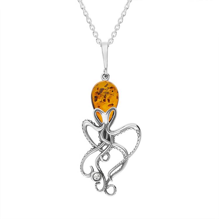 Sterling Silver Amber Medium Octopus Necklace - Silver