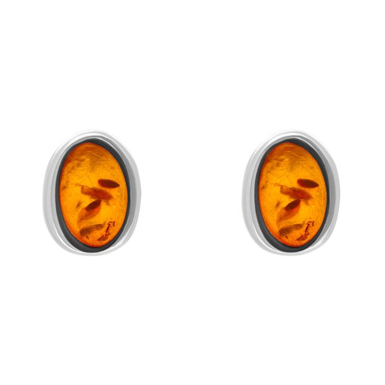 Sterling Silver Amber Oval Stud Earrings - Silver
