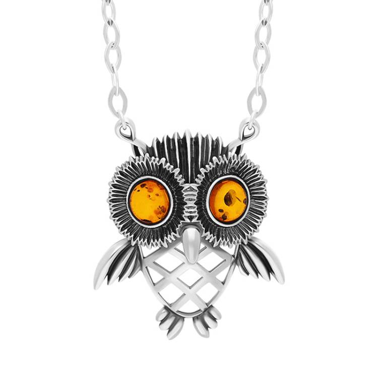Sterling Silver Amber Owl Necklace - Silver