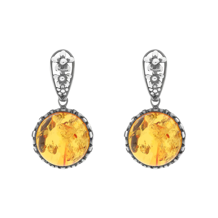 Sterling Silver Amber Round Flower Edge Drop Earrings - Silver