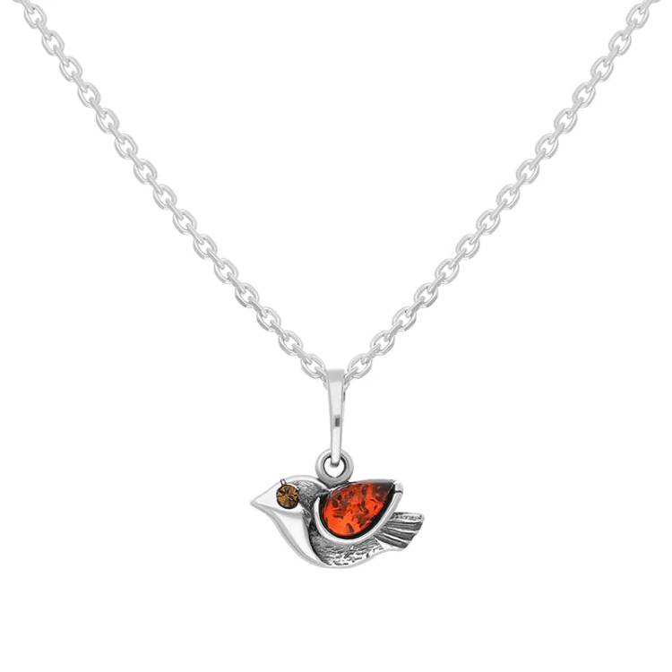 Sterling Silver Amber Small Bird Necklace D - Silver
