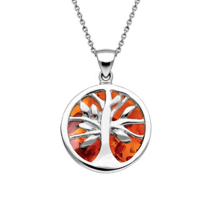 Sterling Silver Amber Small Round Tree of Life Necklace
