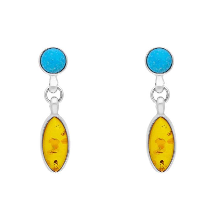 Sterling Silver Amber Turquoise Drop Earrings - Silver