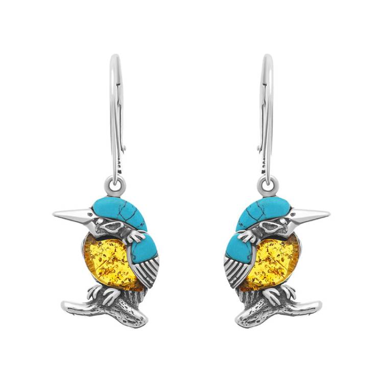 Sterling Silver Amber Turquoise Kingfisher Small Hook Drop Earrings