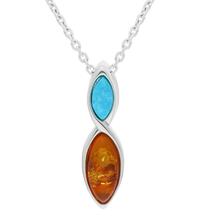 Sterling Silver Amber Turquoise Two Stone Marquise Necklace - Silver