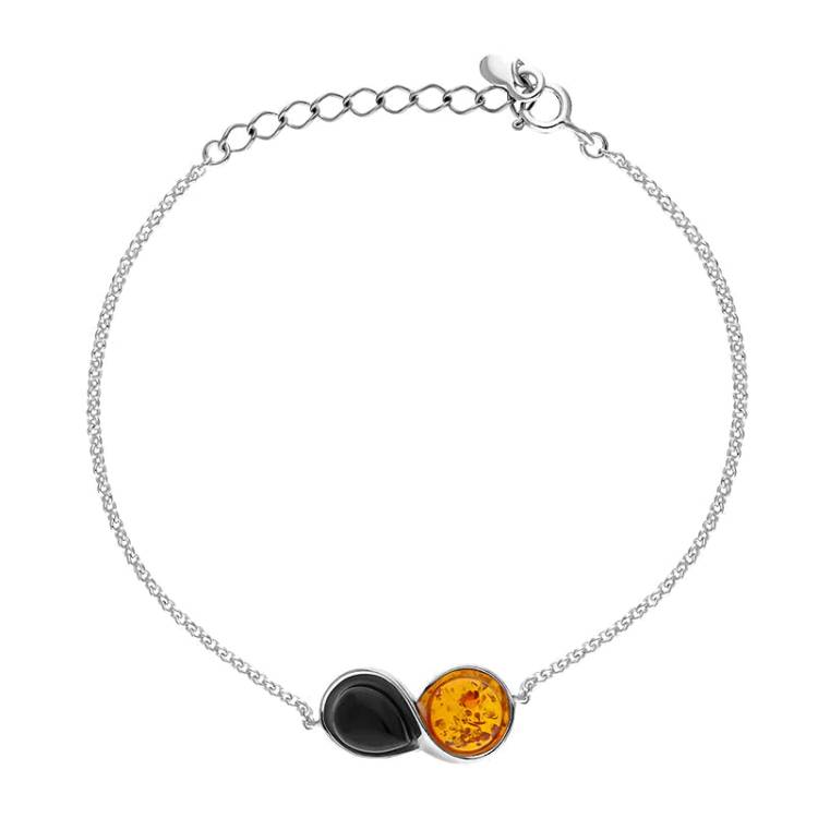 Sterling Silver Amber Whitby Jet Bracelet - Silver