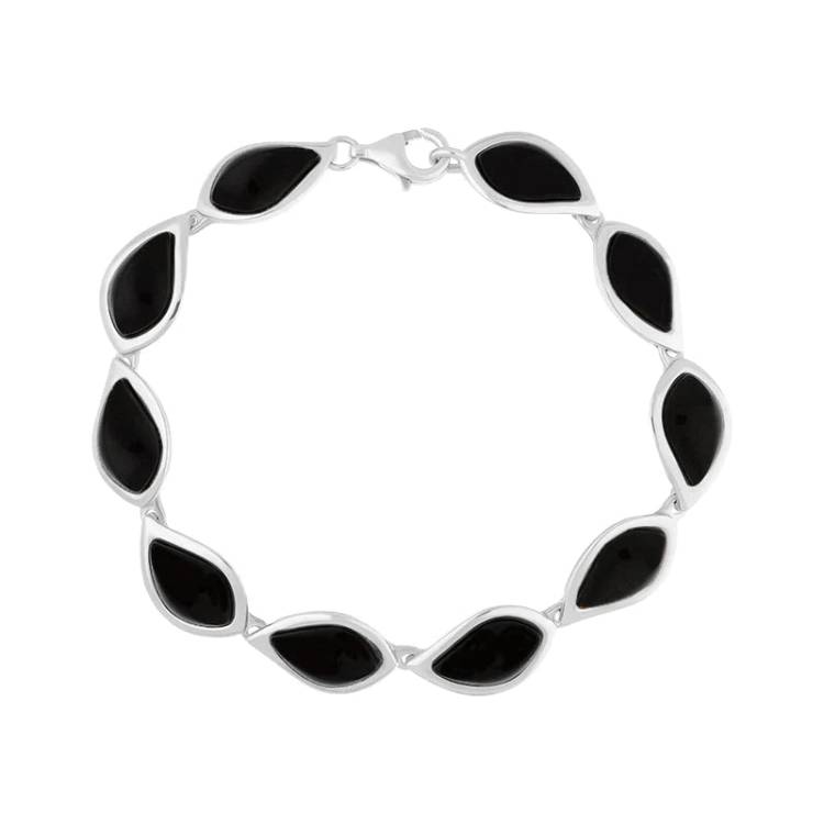 Sterling Silver Whitby Jet Leaf Bracelet - Silver