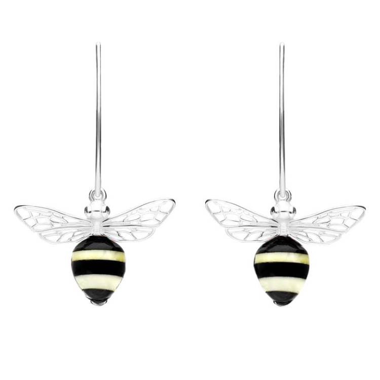 Sterling Silver Amber Whitby Jet Bee Small Hook Earrings - Silver