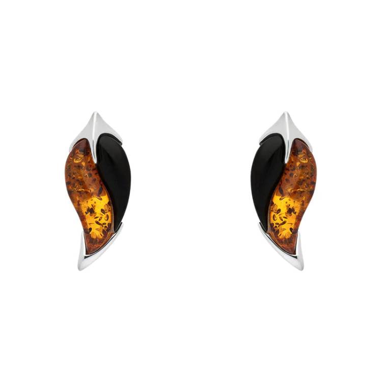 Sterling Silver Amber Whitby Jet Leaf Stud Earrings - Silver