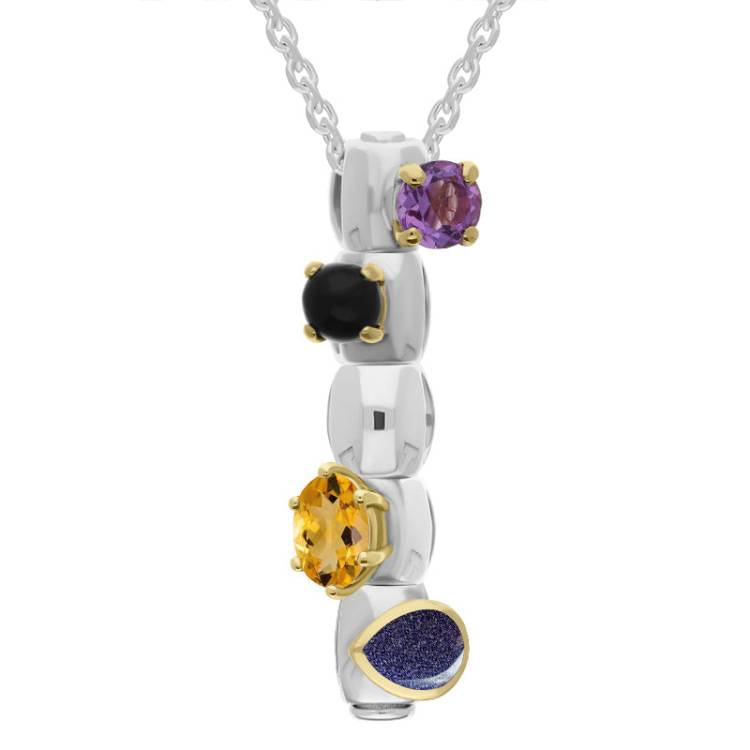 Sterling Silver Amethyst Whitby Jet Citrine Blue Goldstone Stepping Stones Five Charm Necklace - Silver