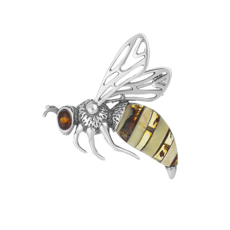 Sterling Silver Baltic Amber Filigree Wings Bee Brooch - Silver