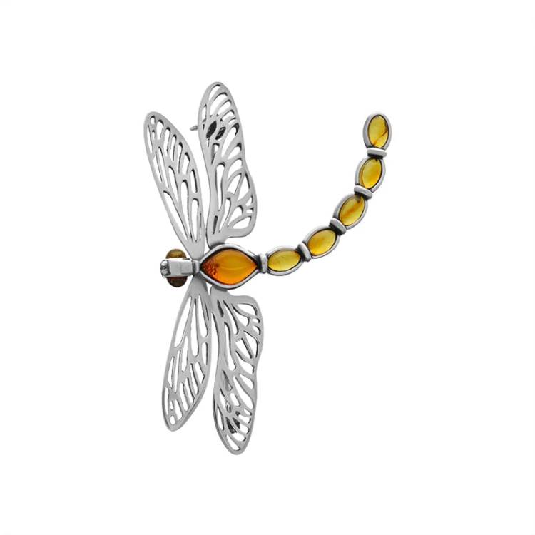 Sterling Silver Baltic Amber Filigree Wings Dragonfly Brooch - Silver
