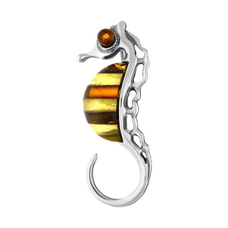 Sterling Silver Baltic Amber Multicolour Stone Seahorse Brooch - Silver
