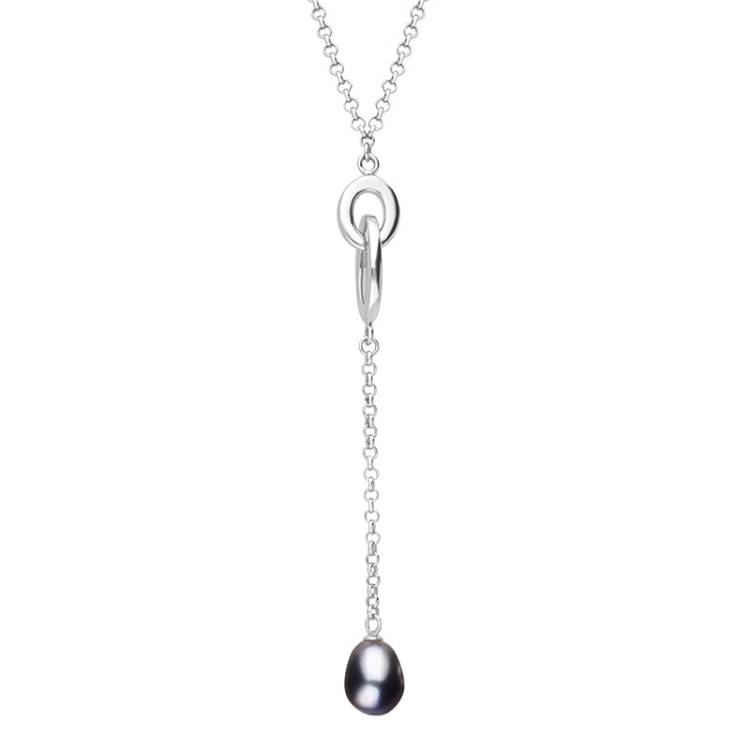 Sterling Silver Black Pearl Double Oval Drop Necklace D - Silver