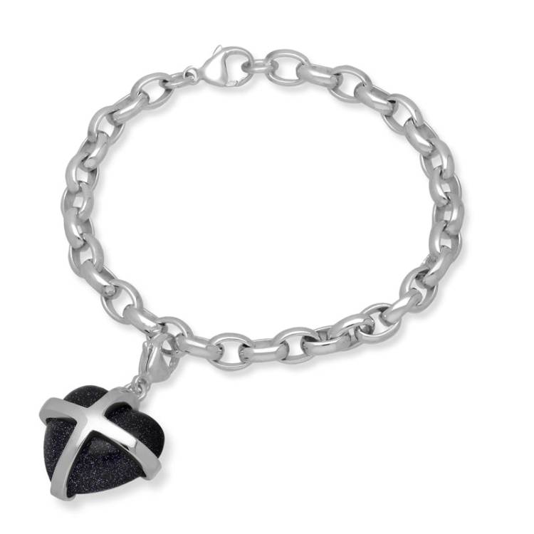 Sterling Silver Blue Goldstone Large Cross Heart Charm Bracelet - Option1 Value Silver