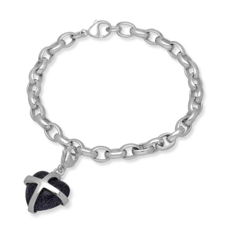 Sterling Silver Blue Goldstone Medium Cross Heart Charm Bracelet - Option1 Value Silver
