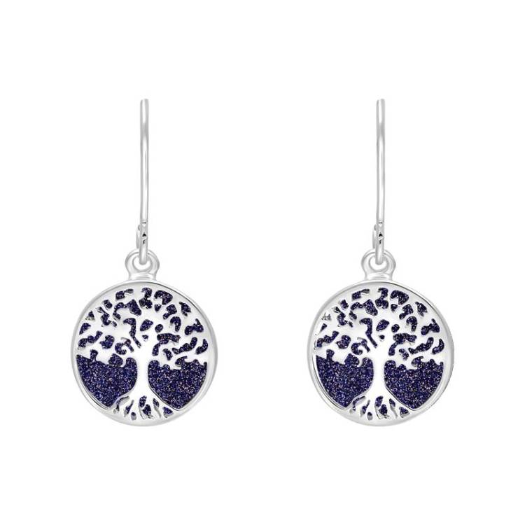 Sterling Silver Blue Goldstone Round Tree of Life Drop Earrings