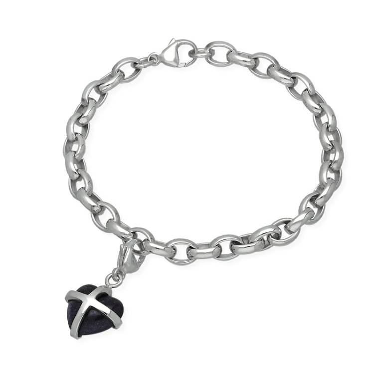 Sterling Silver Blue Goldstone Small Cross Heart Charm Bracelet - Option1 Value Silver