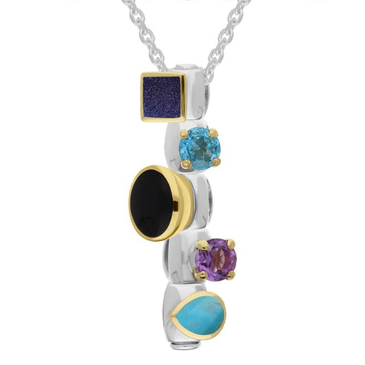 Sterling Silver Blue Goldstone Topaz Whitby Jet Amethyst Turquoise Stepping Stones Five Charm Necklace - Silver